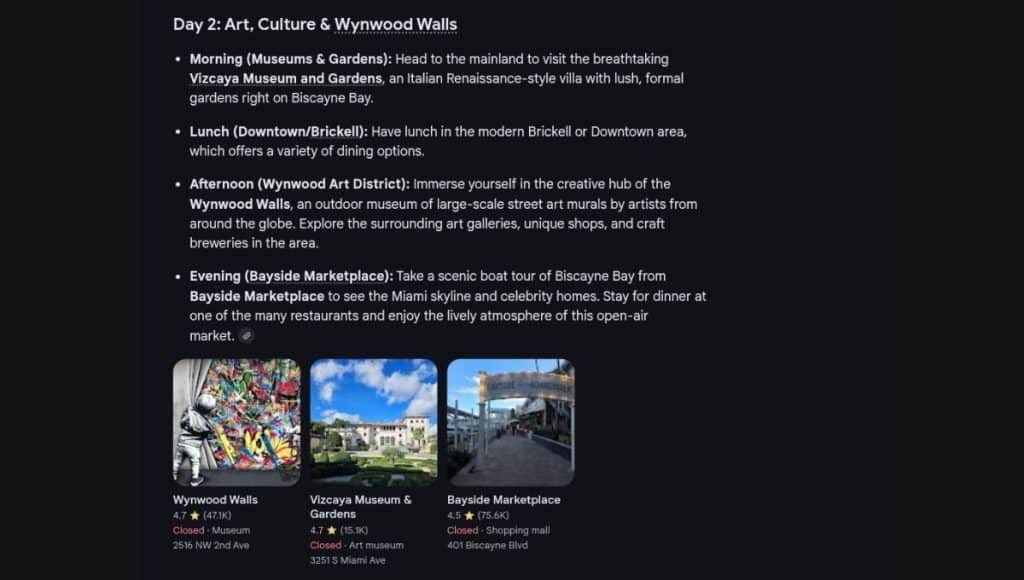 Google AI Mode 3-Day Trip Itinerary Day 2 Planning Example